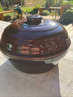 Mcm stoneware heavy brown glazed Dutch oven roaster with lid